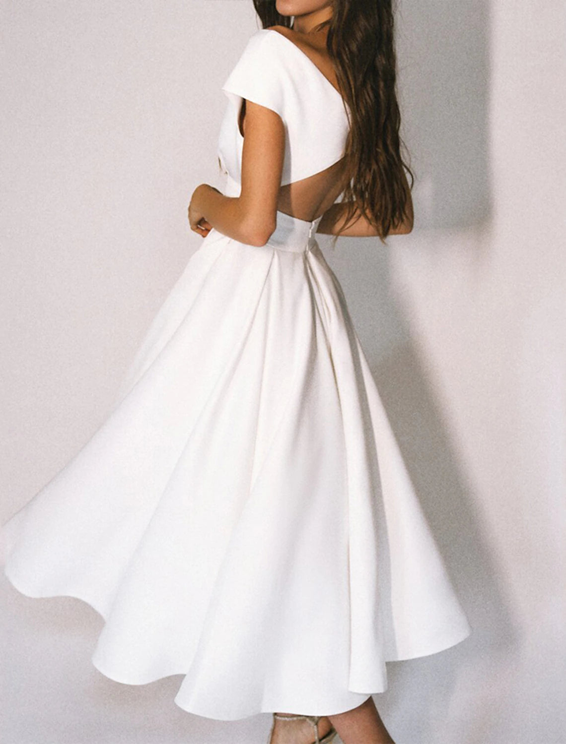 Wholesale A-Line Cocktail Dresses Party Dress Homecoming Wedding Guest Tea Length Short Sleeve Off Shoulder Stretch Fabric with Sleek Pure Color
